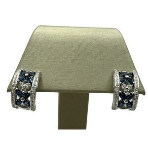 14K White Gold .50cttw Diamond & Sapphire Half Hoop Flower Earrings (10797)